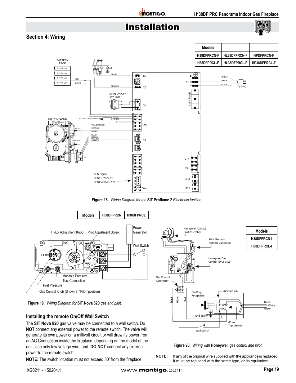 Section 4: wiring, Installation, Installing the remote on/off wall switch | Models | Montigo H38DF PRC User Manual | Page 19 / 38