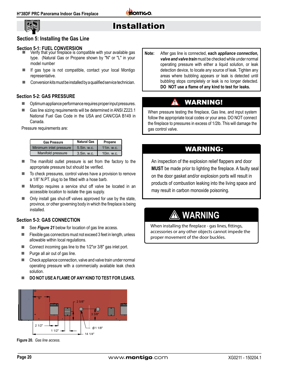 Section 5: installing the gas line, Section 5-1: fuel conversion, Section 5-2: gas pressure | Section 5-3: gas connection, Installation, Warning | Montigo H38DF PRC User Manual | Page 20 / 38