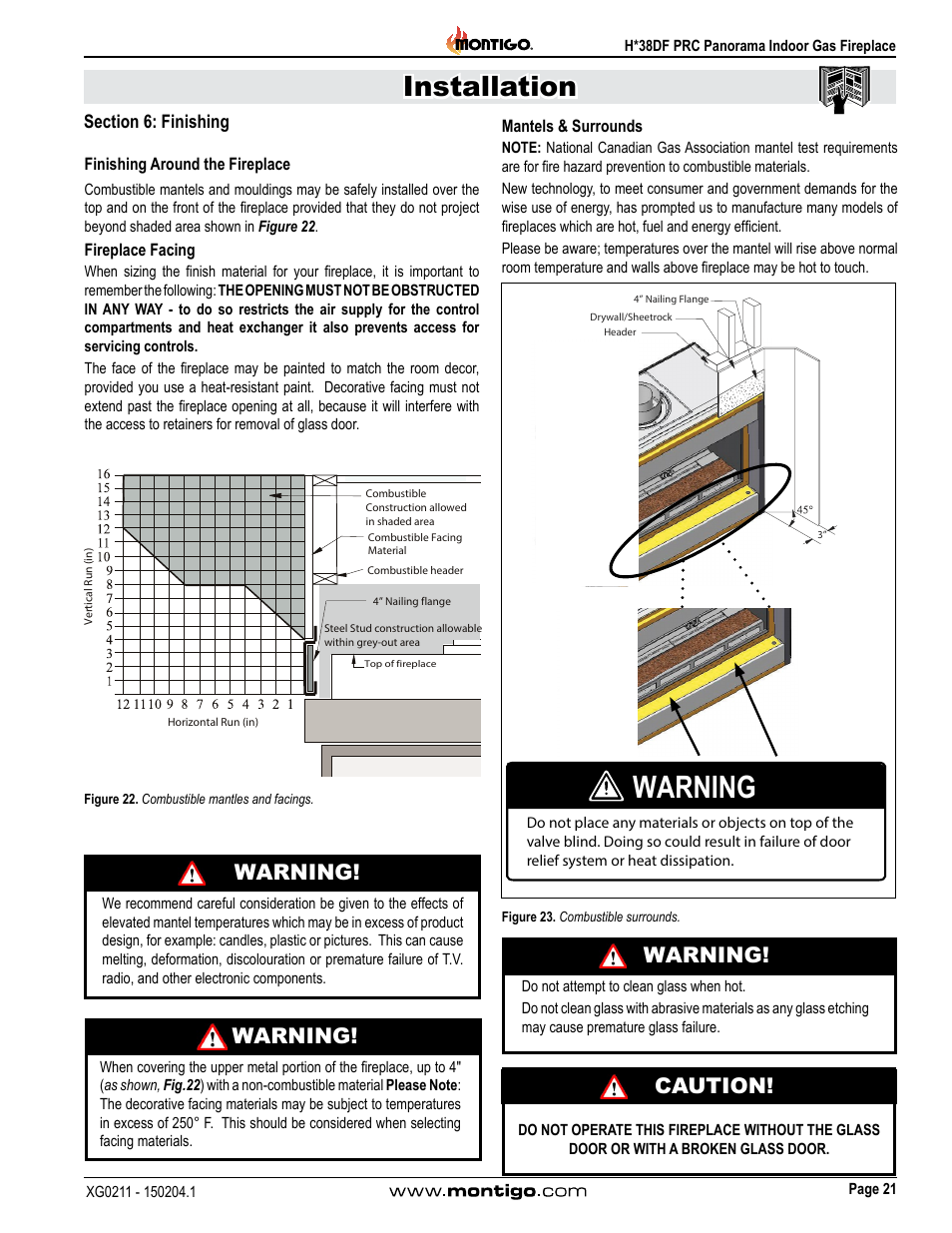Section 6: finishing, Installation, Warning | Caution! warning | Montigo H38DF PRC User Manual | Page 21 / 38