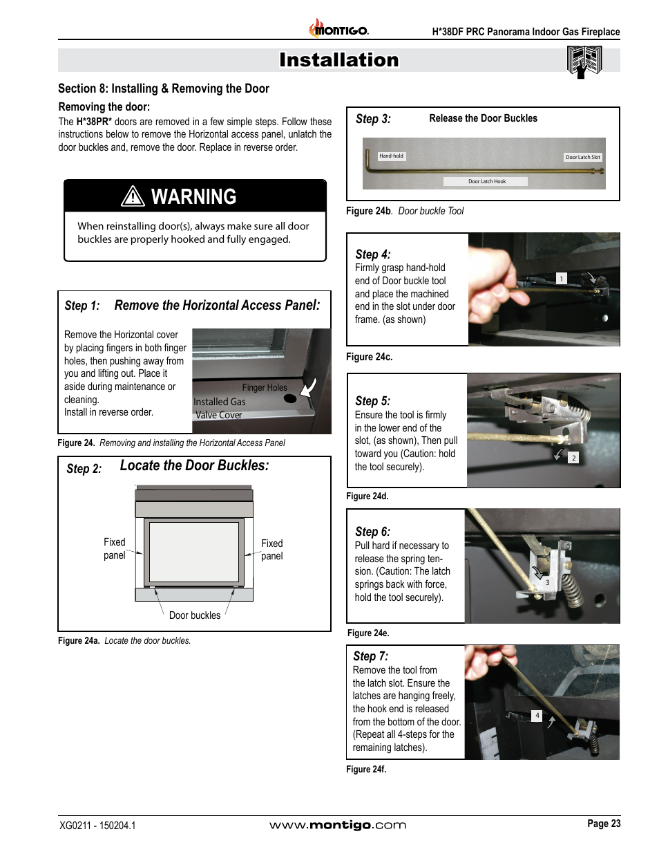 Section 8: installing & removing the door, Warning, Installation | Locate the door buckles, Remove the horizontal access pan | Montigo H38DF PRC User Manual | Page 23 / 38