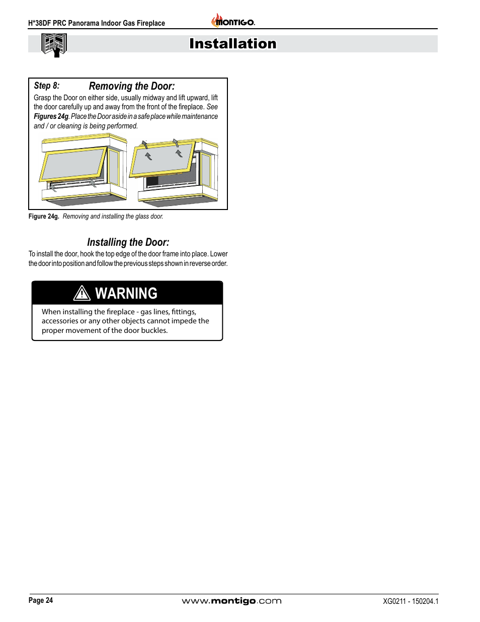 Warning, Installation, Installing the door | Removing the door | Montigo H38DF PRC User Manual | Page 24 / 38