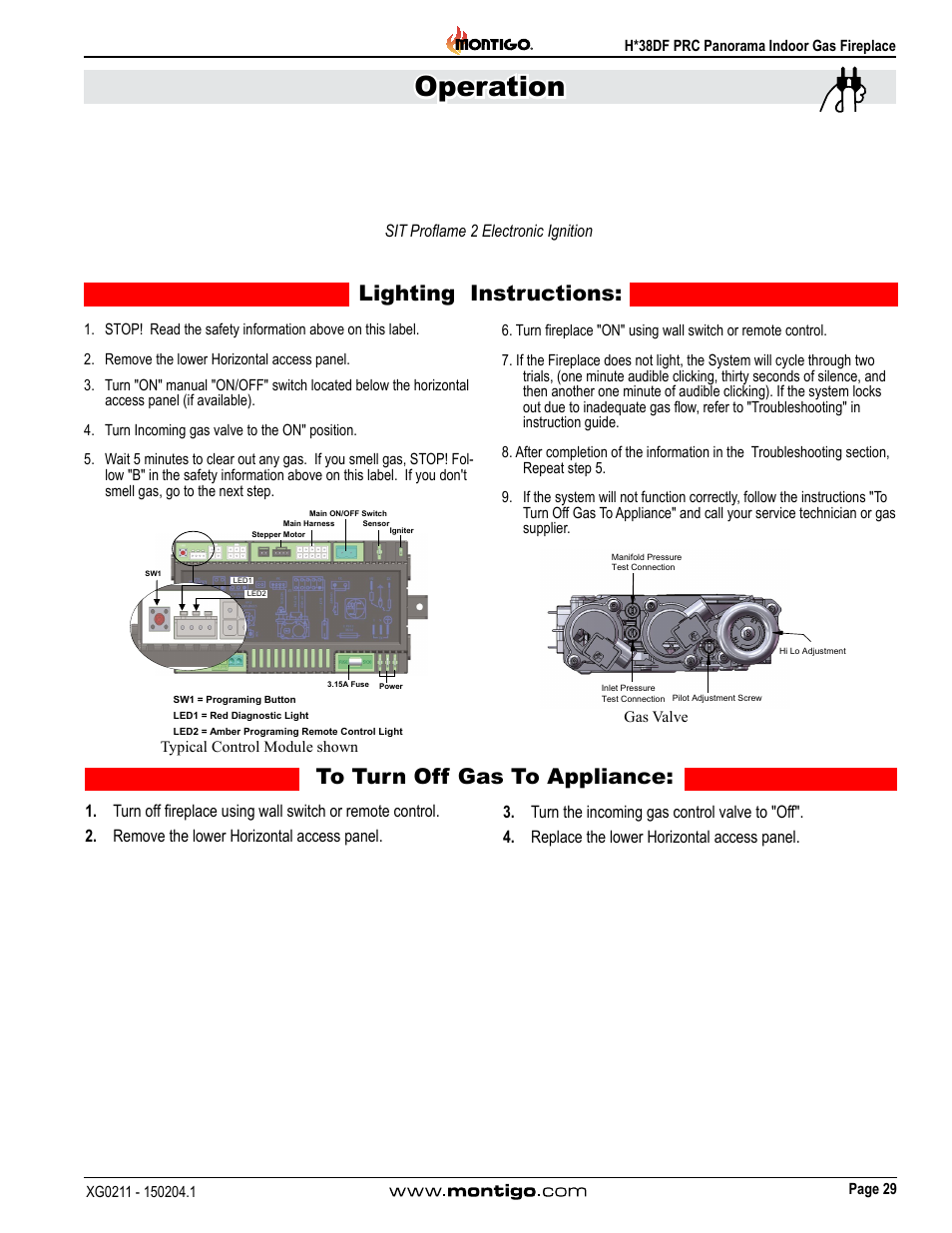 Sit proflame 2 electronic ignition, Operation, Lighting instructions | Montigo H38DF PRC User Manual | Page 29 / 38