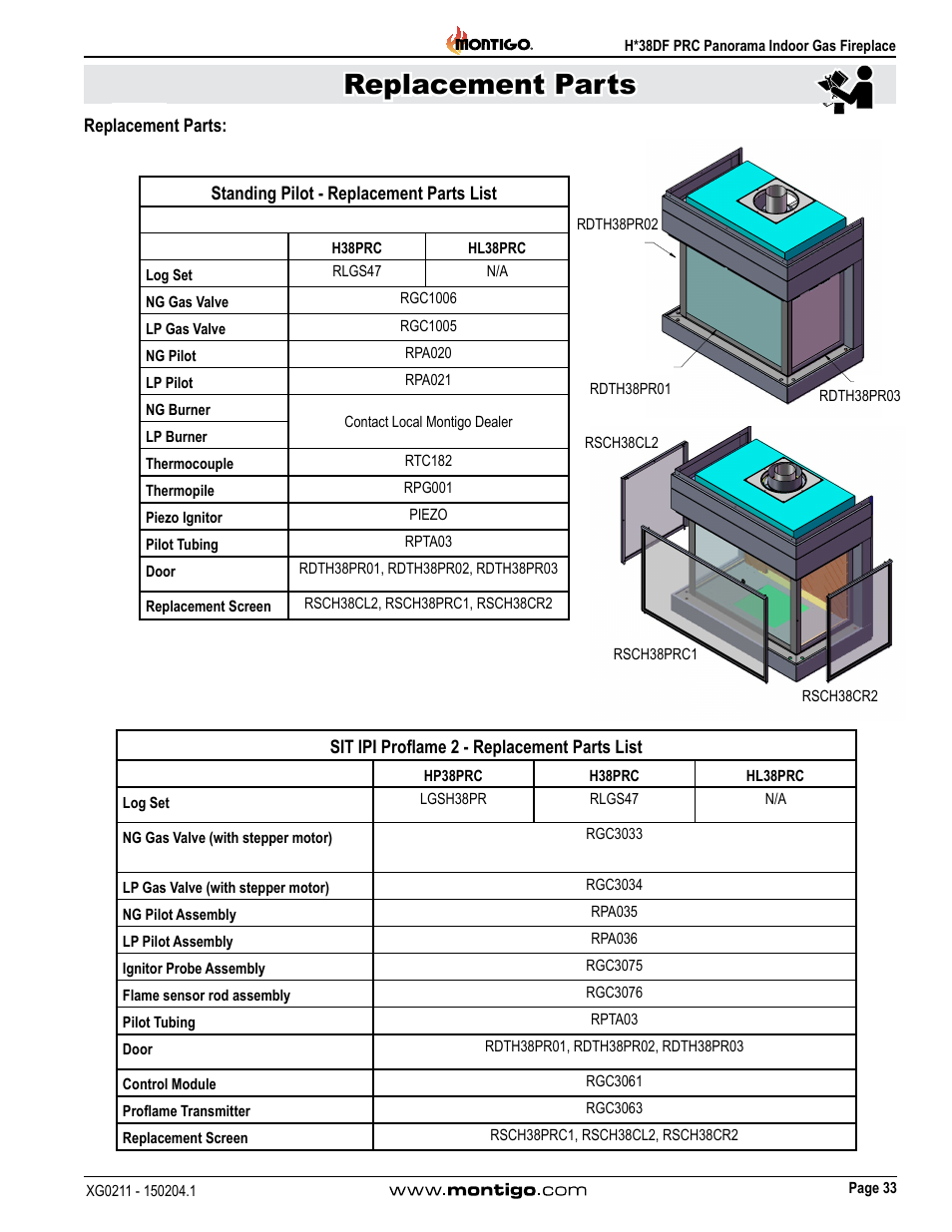 Replacement parts, Installation replacement parts, Sit ipi proflame 2 - replacement parts list | Montigo H38DF PRC User Manual | Page 33 / 38