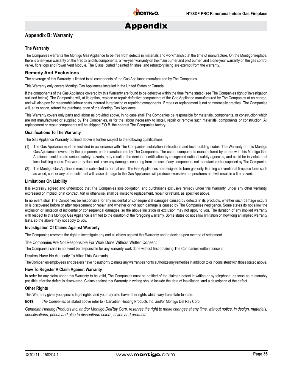 Appendix b: warranty, Appendix | Montigo H38DF PRC User Manual | Page 35 / 38