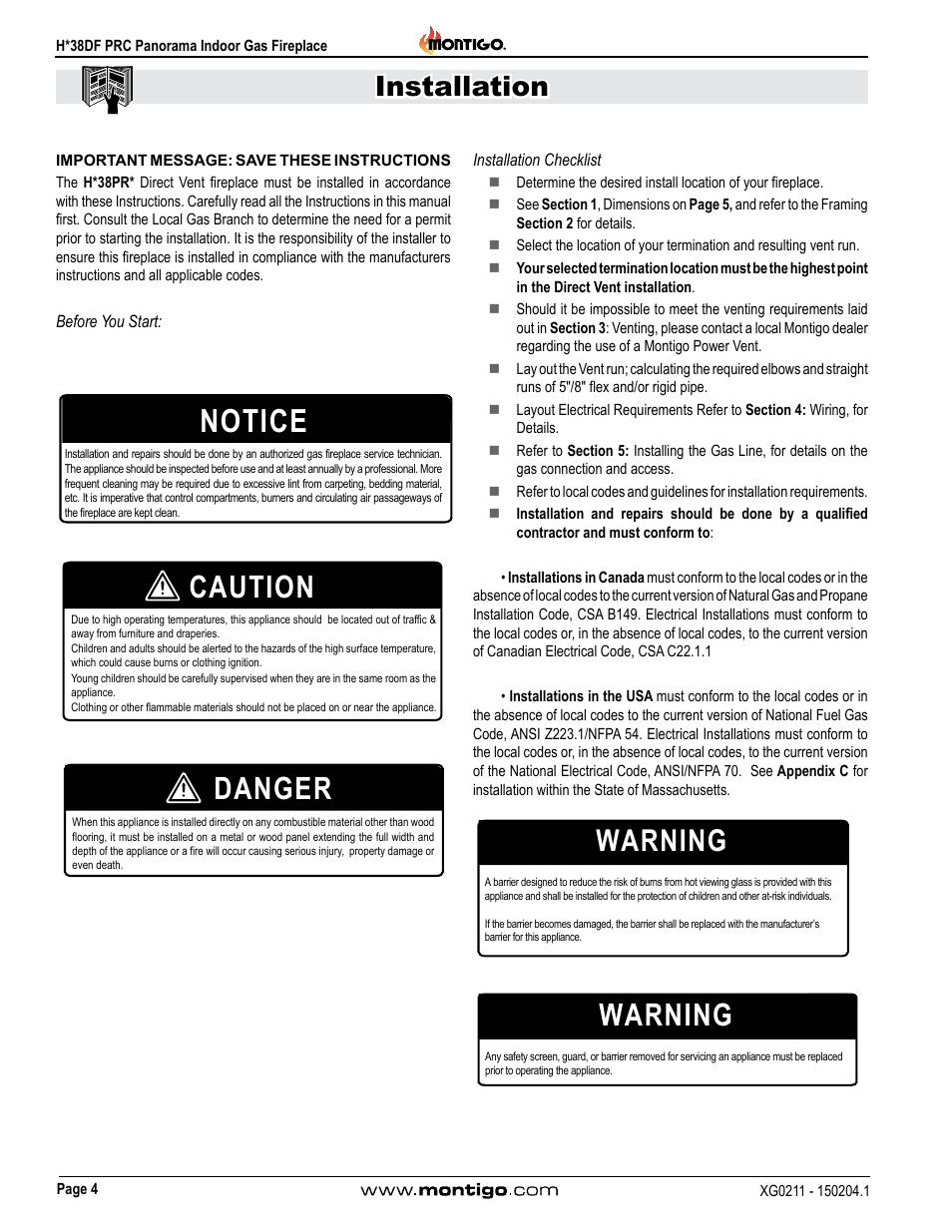 Before you start, Installation checklist, Notice | Caution, Danger, Warning, Installation | Montigo H38DF PRC User Manual | Page 4 / 38