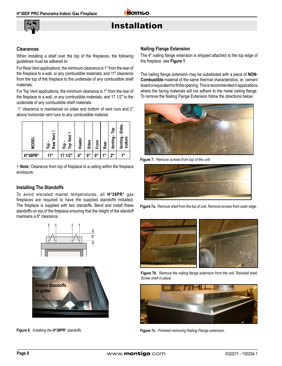 Clearances, Installing the standoffs, Nailing flange extension | Installation | Montigo H38DF PRC User Manual | Page 8 / 38