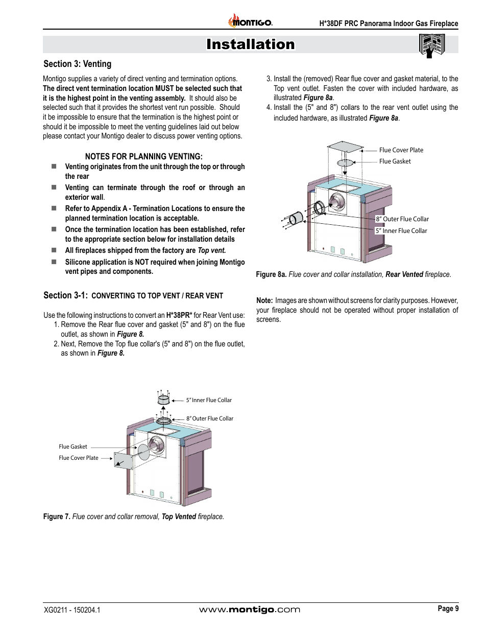 Section 3: venting, Section 3-1: converting to top vent / rear vent, Installation | Montigo H38DF PRC User Manual | Page 9 / 38