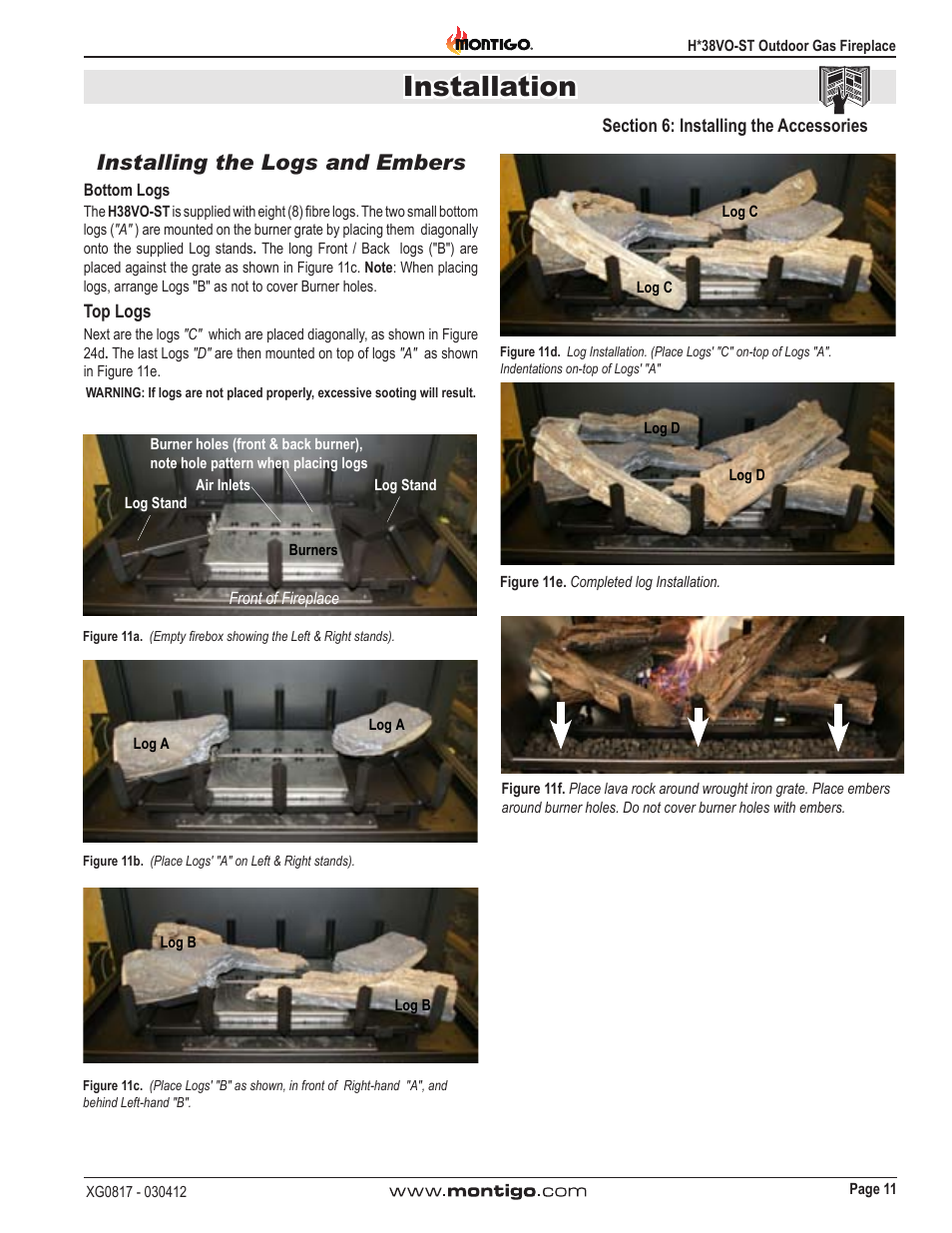 Installation, Installing the logs and embers | Montigo H38SVO-ST User Manual | Page 11 / 20