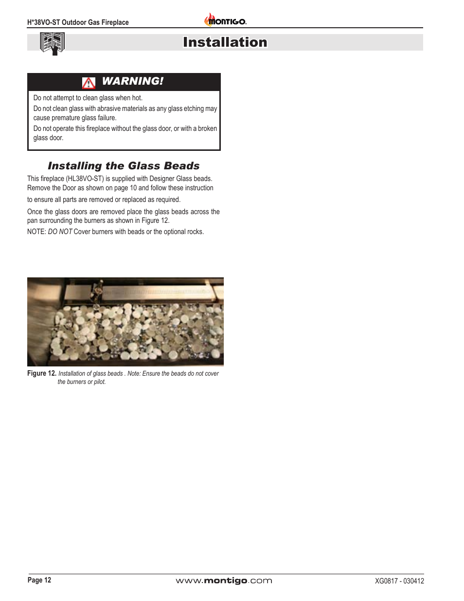 Installation, Installing the glass beads, Warning | Montigo H38SVO-ST User Manual | Page 12 / 20