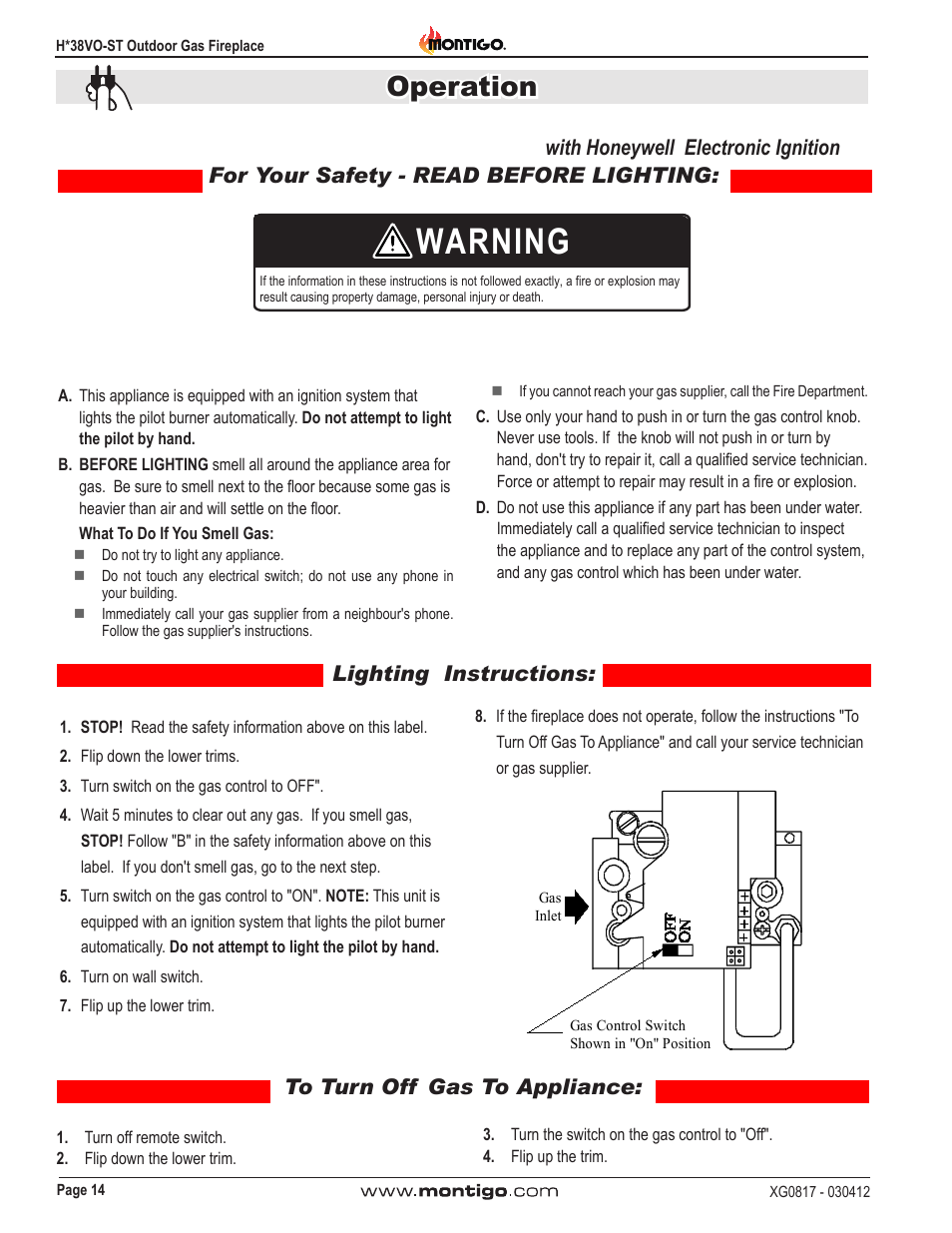 Warning, Operation, With honeywell electronic ignition | Montigo H38SVO-ST User Manual | Page 14 / 20