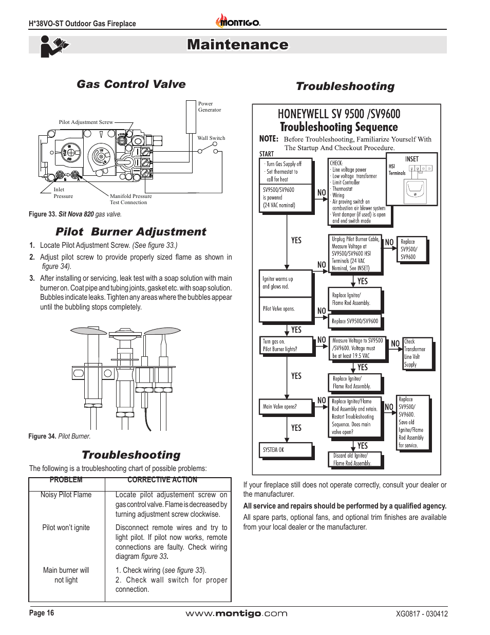 Maintenance, Gas control valve, Pilot burner adjustment | Troubleshooting | Montigo H38SVO-ST User Manual | Page 16 / 20