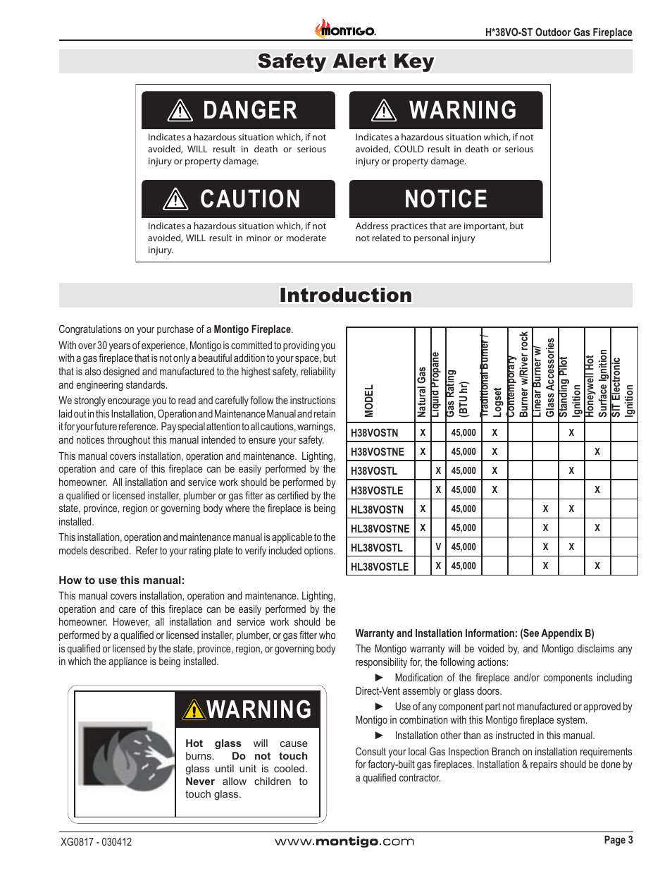 Danger warning caution notice, Warning, Safety alert key introduction | Montigo H38SVO-ST User Manual | Page 3 / 20
