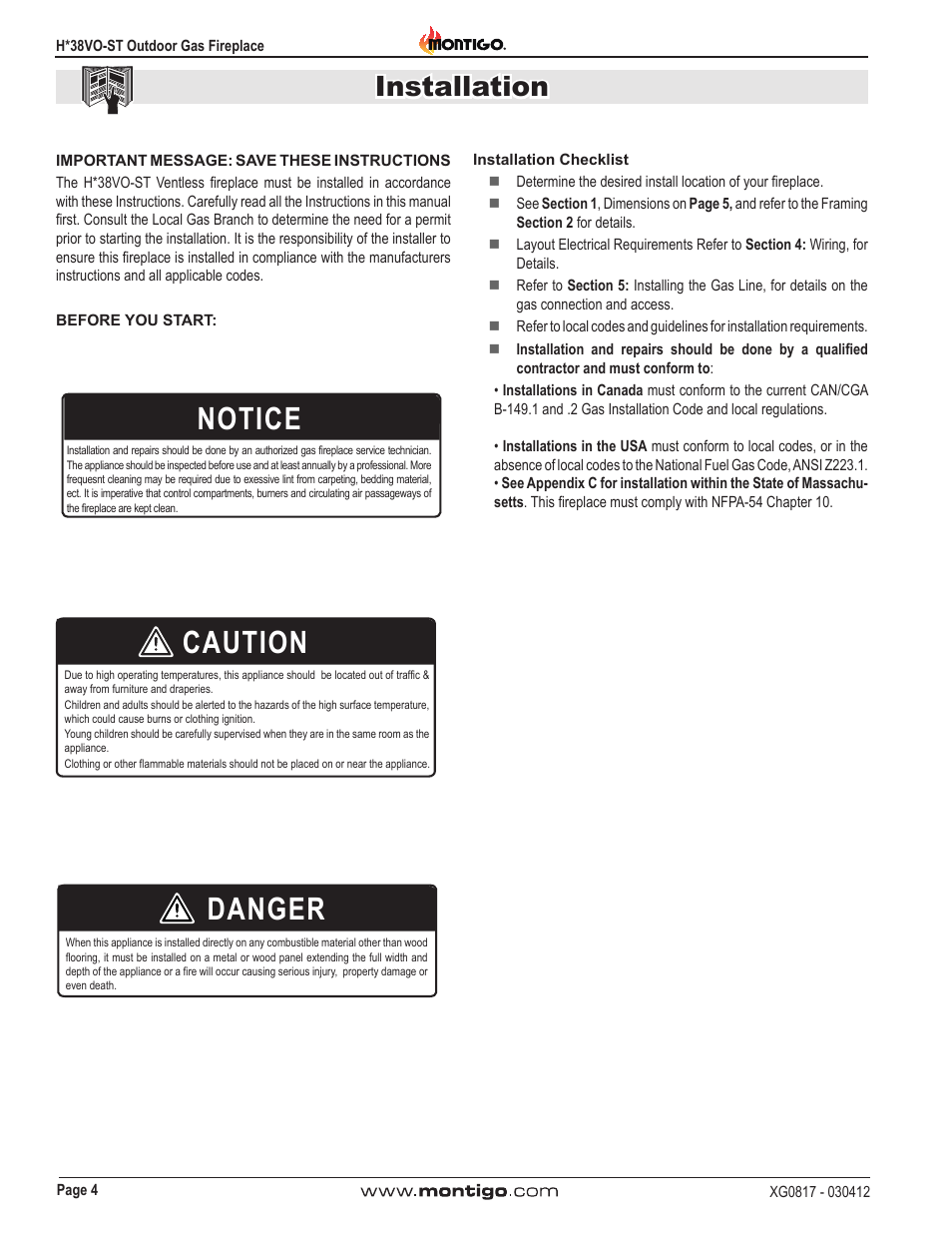 Notice, Caution, Danger | Installation | Montigo H38SVO-ST User Manual | Page 4 / 20