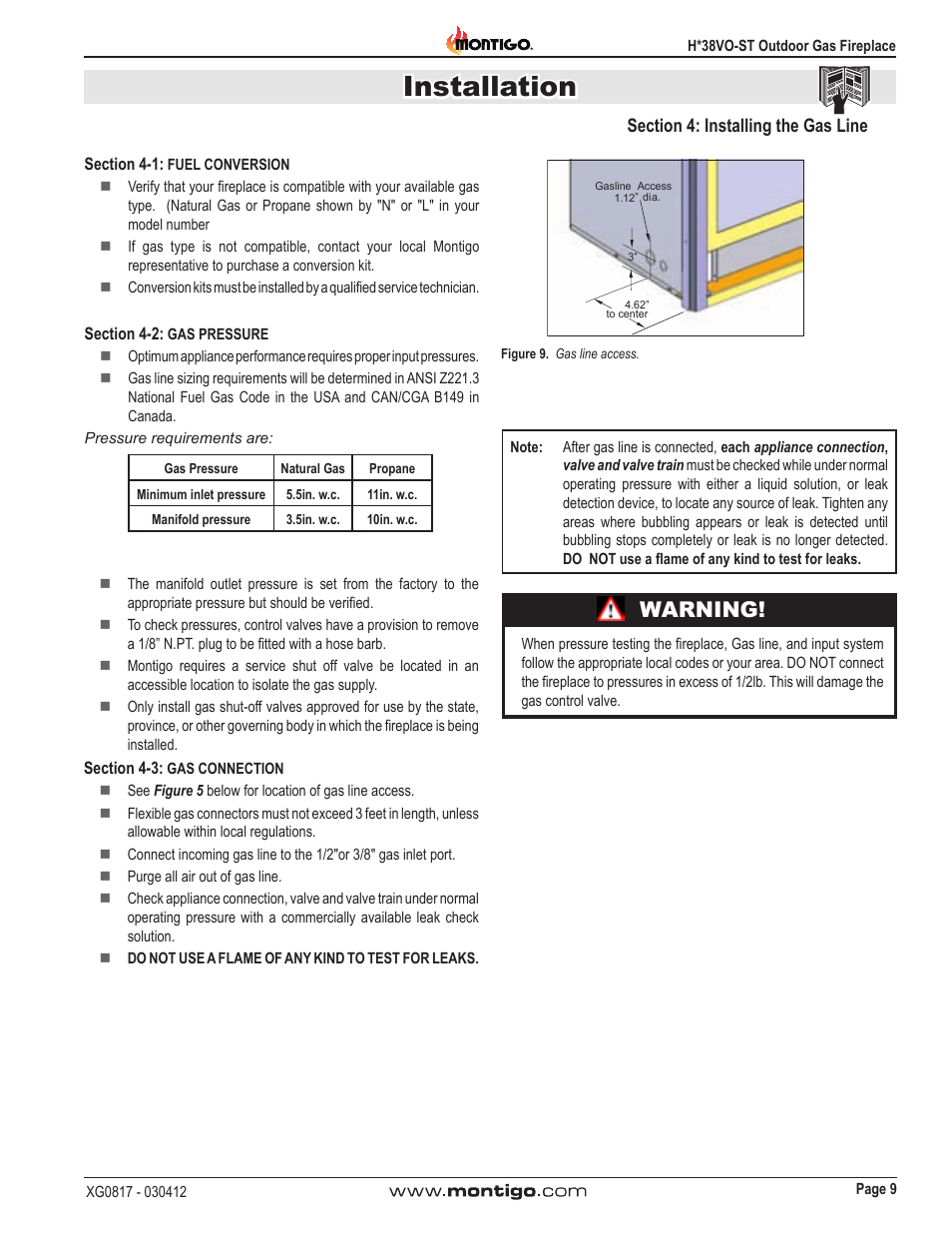 Installation, Warning | Montigo H38SVO-ST User Manual | Page 9 / 20