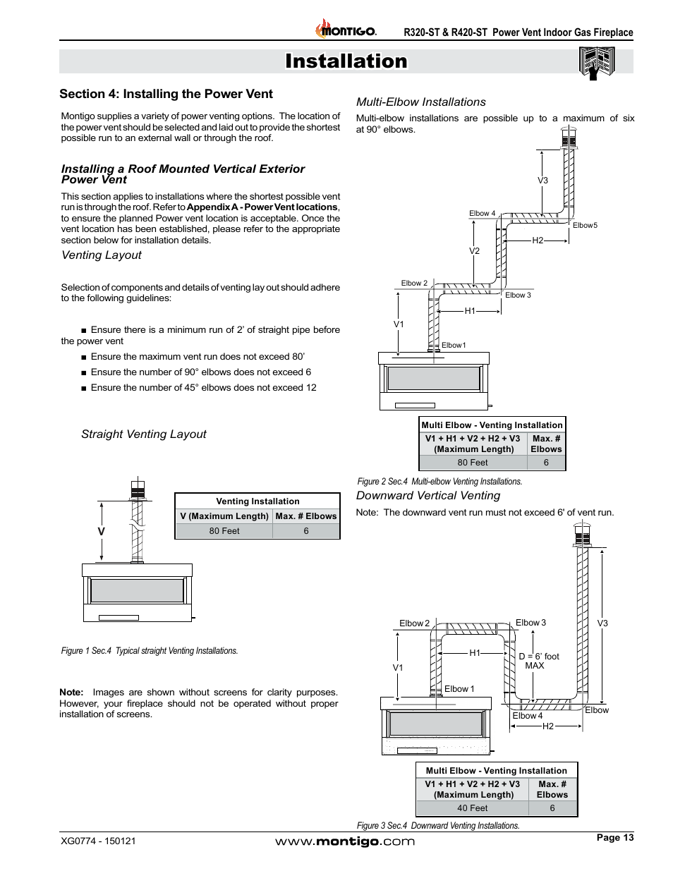 Section 4: installing the power vent, Venting layout, Straight venting layout | Multi-elbow installations, Downward vertical venting, Installation | Montigo R320-ST User Manual | Page 13 / 38