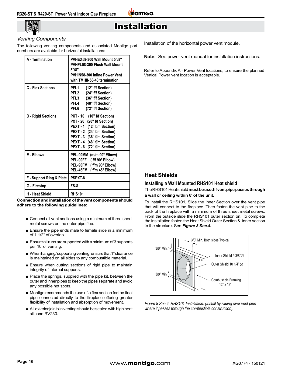 Venting components, Heat shields, Installation | Montigo R320-ST User Manual | Page 16 / 38