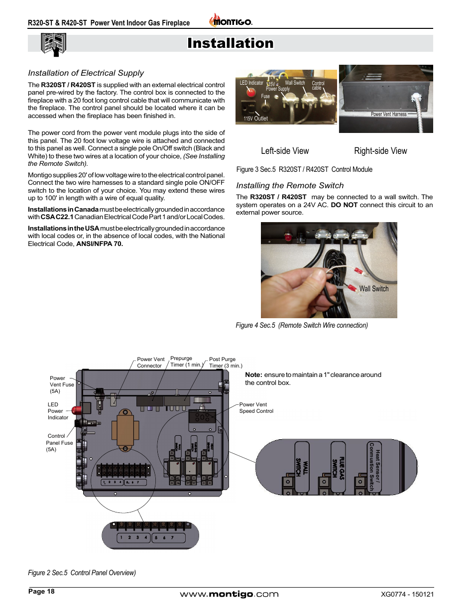 Installation of electrical supply, Installing the remote switch, Installation | Left-side view right-side view | Montigo R320-ST User Manual | Page 18 / 38