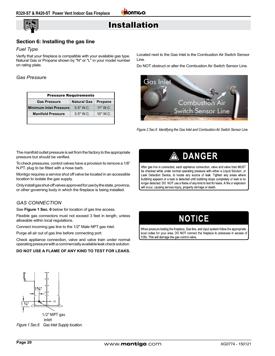 Section 6: installing the gas line, Fuel type, Gas pressure | Gas connection, Installation | Montigo R320-ST User Manual | Page 20 / 38