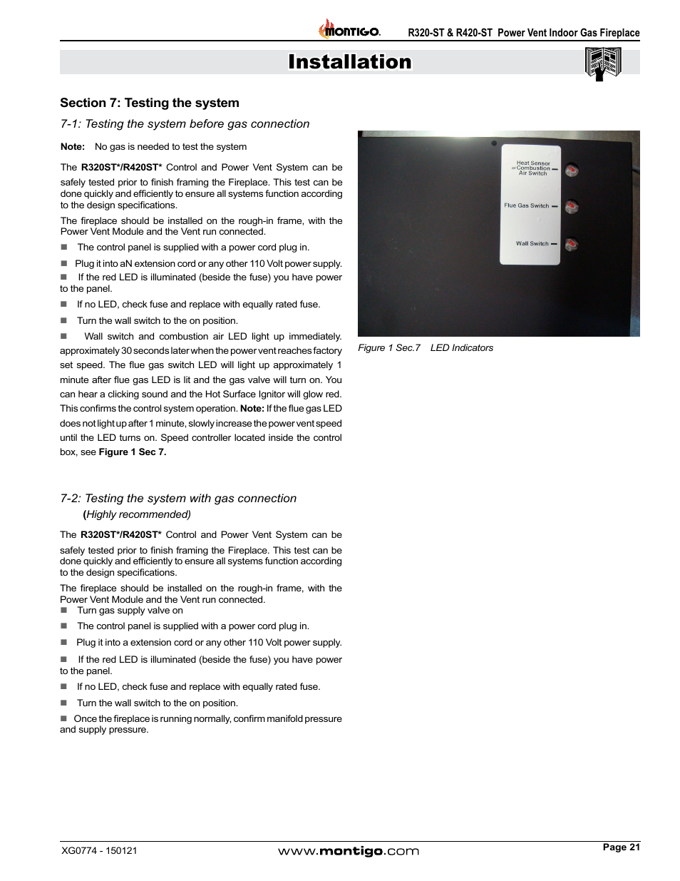 Section 7: testing the system, 1: testing the system before gas connection, 2: testing the system with gas connection | Installation | Montigo R320-ST User Manual | Page 21 / 38