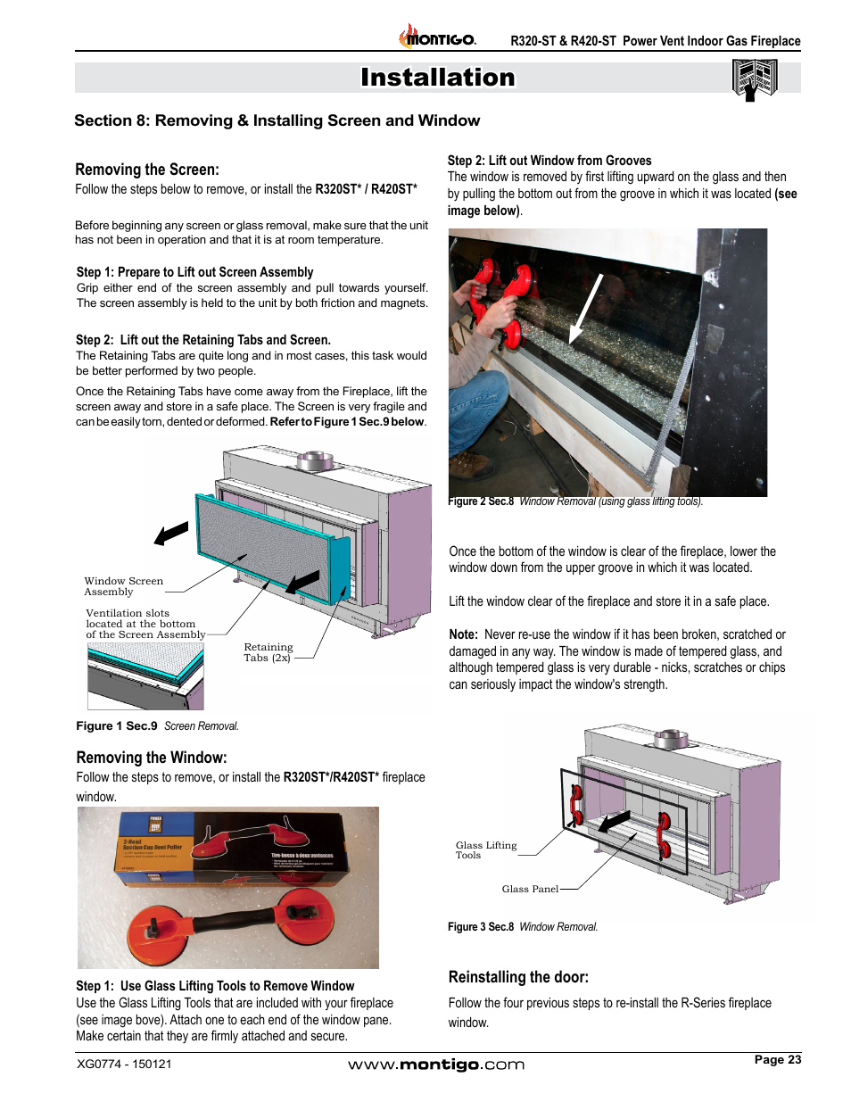 Section 8: removing & installing screen and window, Installation, Removing the screen | Removing the window, Reinstalling the door | Montigo R320-ST User Manual | Page 23 / 38