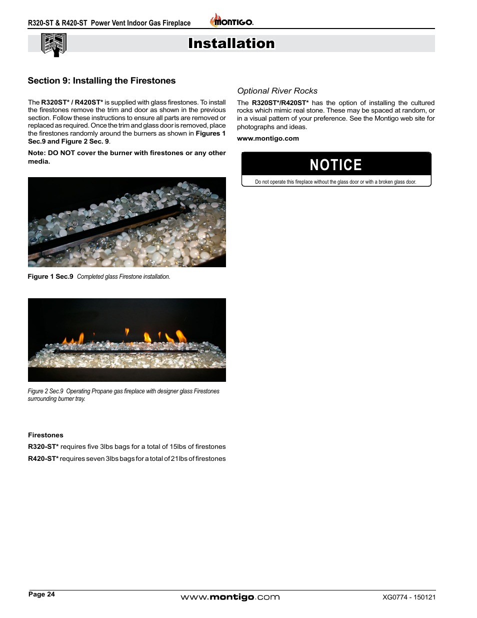 Section 9: installing the firestones, Optional river rocks, Notice | Installation | Montigo R320-ST User Manual | Page 24 / 38