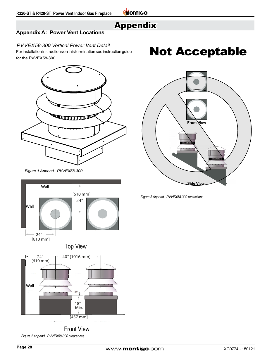 Appendix a: power vent locations, Pvvex58-300 vertical power vent detail, Not acceptable | Appendix, Front view top view | Montigo R320-ST User Manual | Page 28 / 38