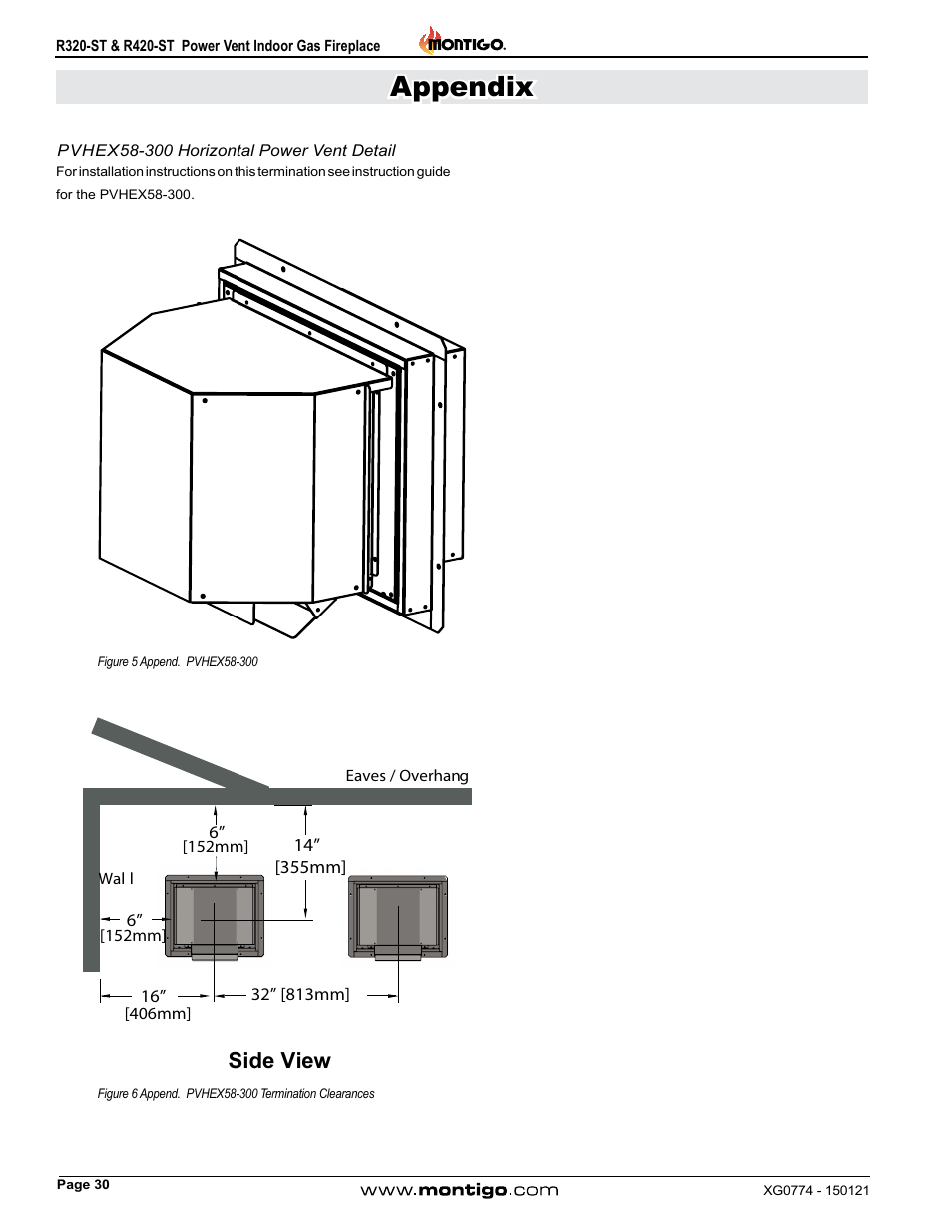 Pvhex58-300 horizontal power vent detail, Appendix, Side view | Montigo R320-ST User Manual | Page 30 / 38