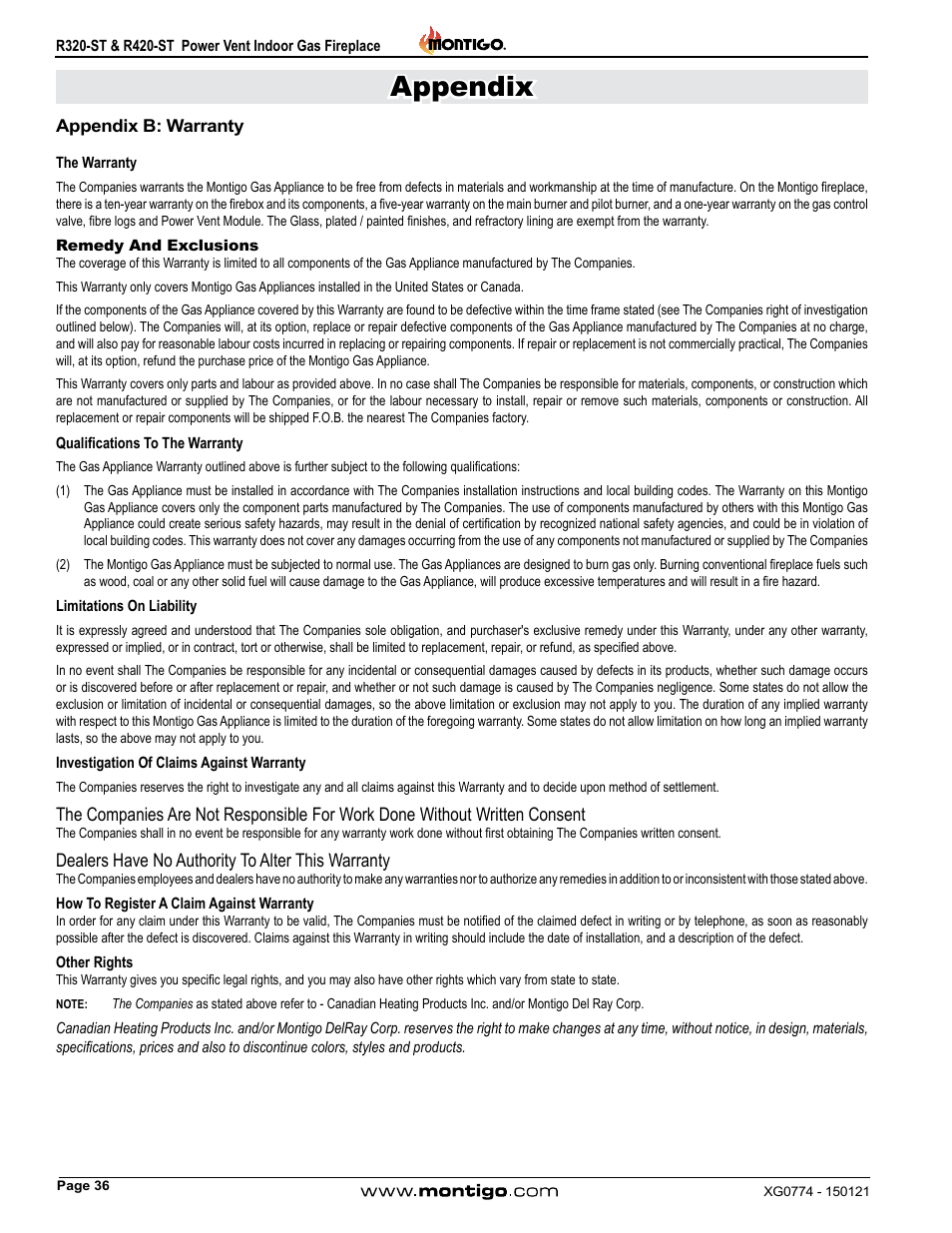 Appendix b: warranty, Appendix | Montigo R320-ST User Manual | Page 36 / 38