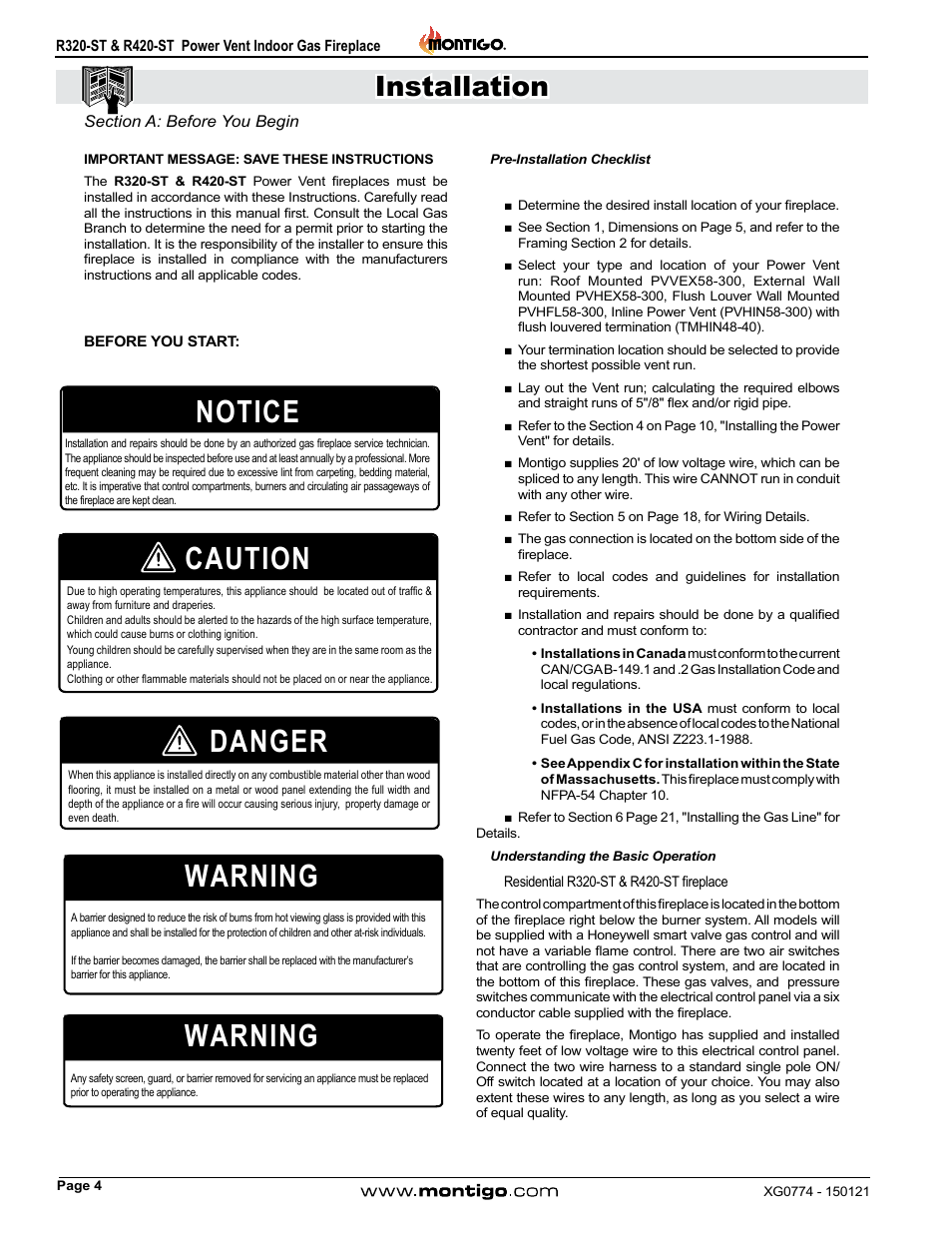 Section a: before you begin, Notice, Caution | Danger warning, Warning, Installation | Montigo R320-ST User Manual | Page 4 / 38