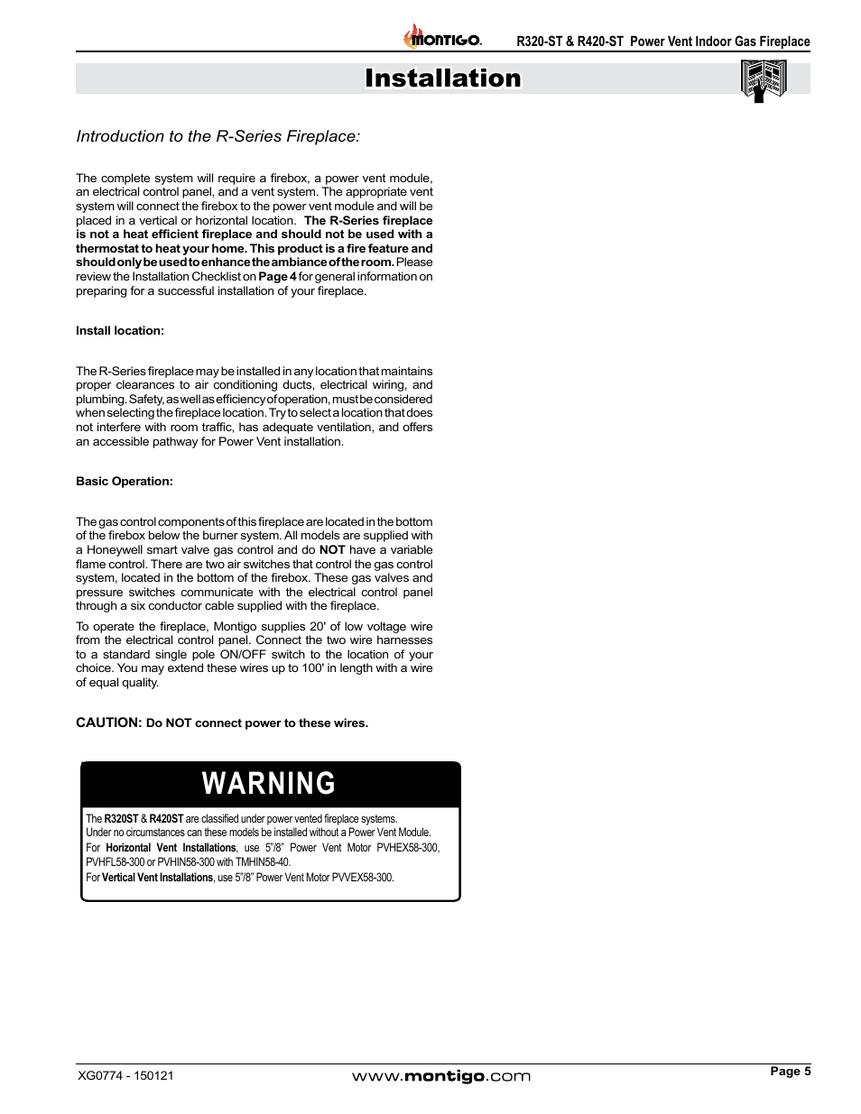 Introduction to the r-series fireplace, Warning, Installation | Montigo R320-ST User Manual | Page 5 / 38