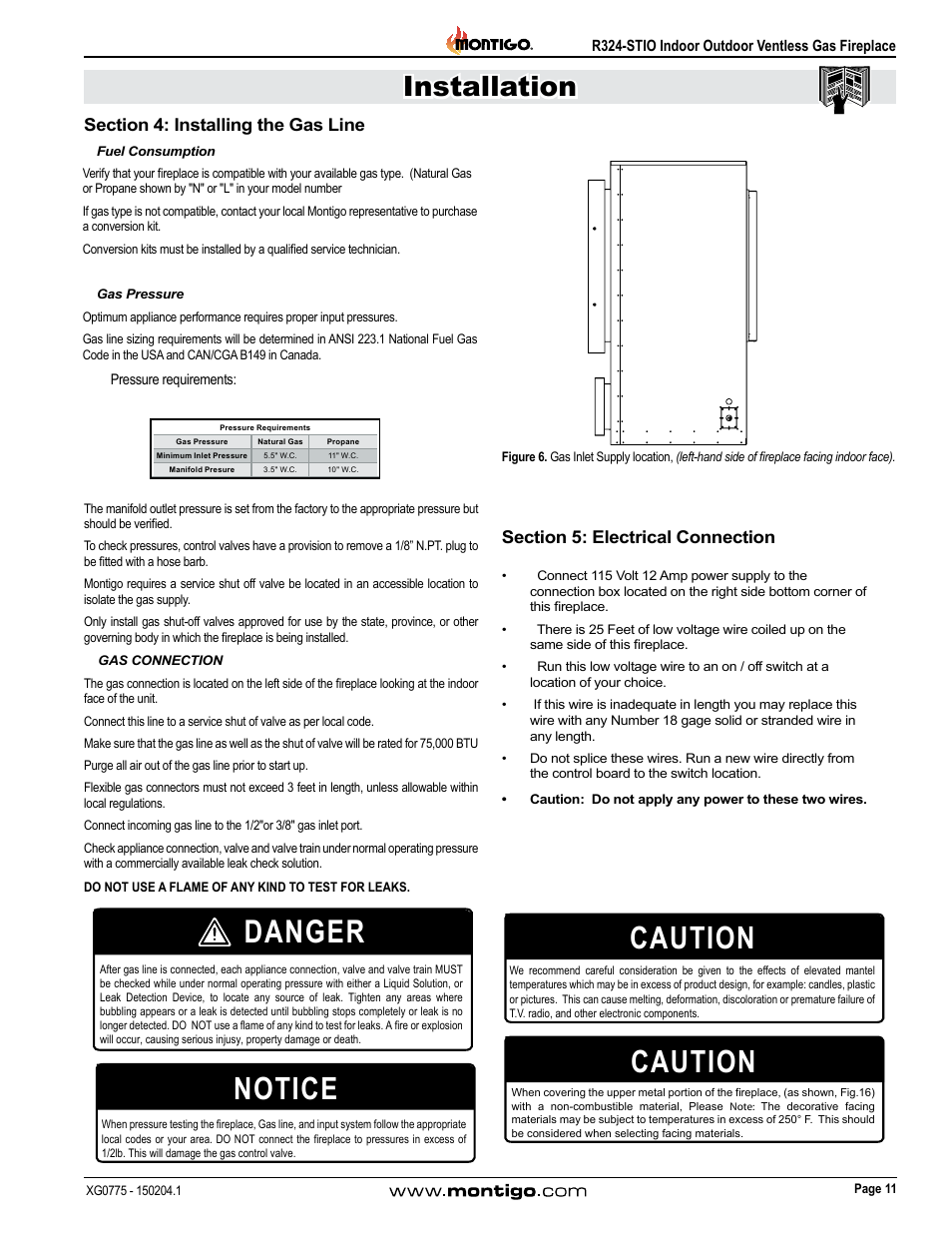 Section 4: installing the gas line, Section 5: electrical connection, Danger | Notice, Caution, Installation | Montigo R324-ST User Manual | Page 11 / 22