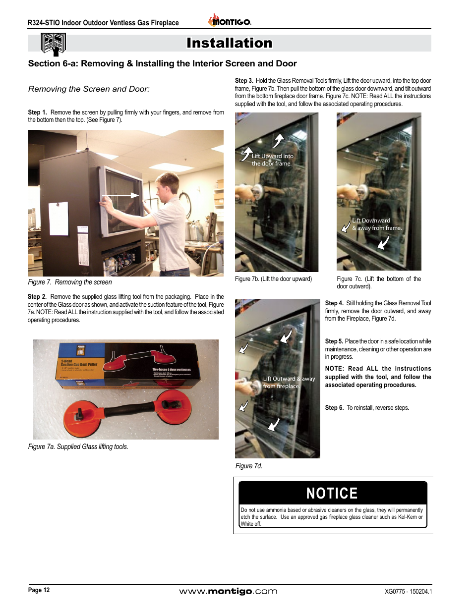 Removing the screen and door, Notice, Installation | Montigo R324-ST User Manual | Page 12 / 22