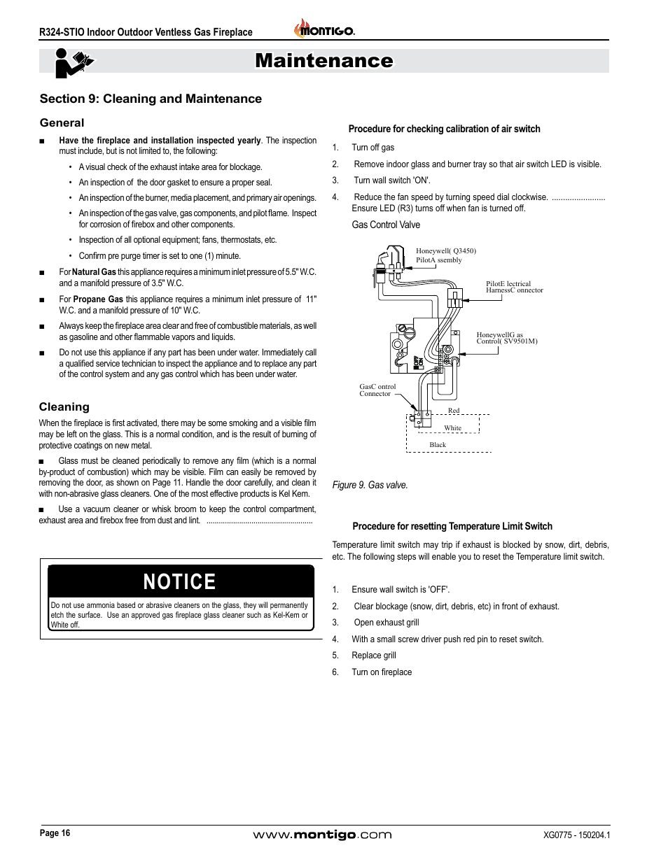 Section 9: cleaning and maintenance, General, Cleaning | Notice, Maintenance | Montigo R324-ST User Manual | Page 16 / 22