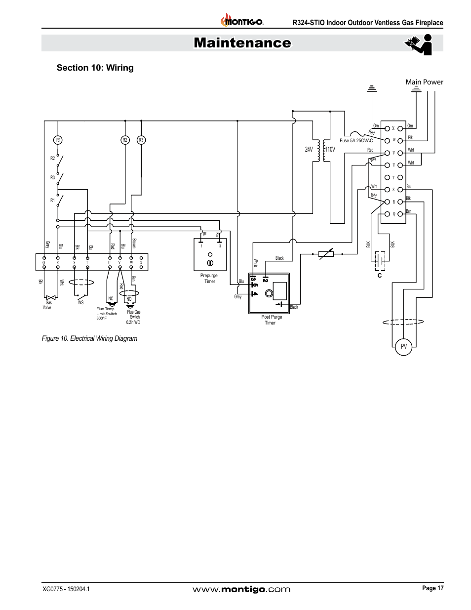 Section 10: wiring, Maintenance, R324-stioindooroutdoorventlessgasfireplace | Main power, Figure 10. electrical wiring diagram | Montigo R324-ST User Manual | Page 17 / 22