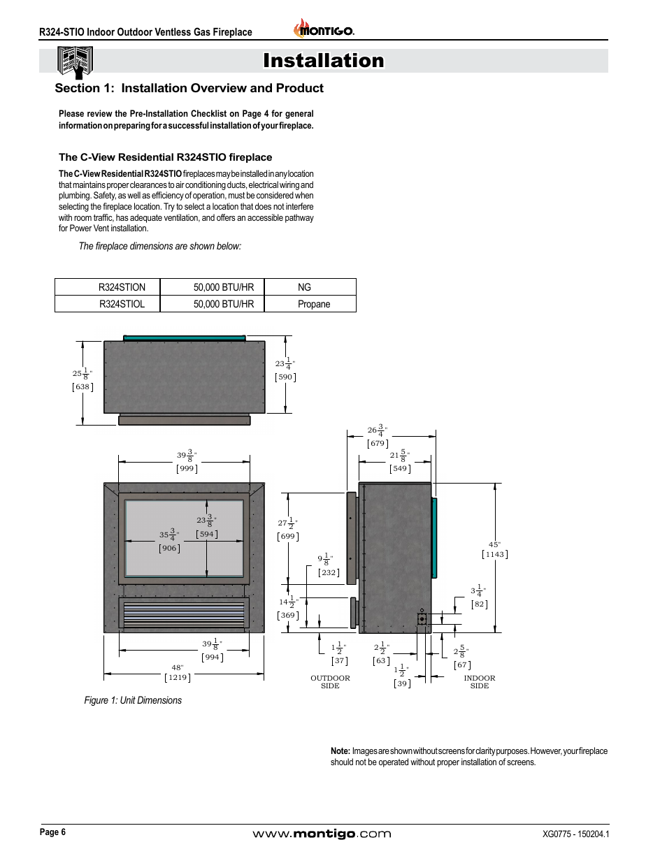 Installation, R324-stio indoor outdoor ventless gas fireplace | Montigo R324-ST User Manual | Page 6 / 22
