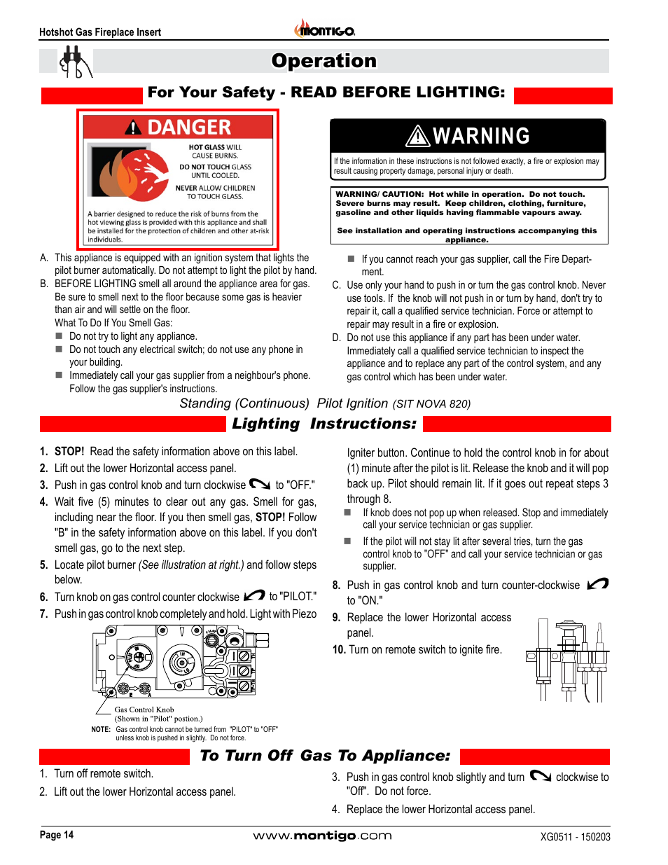 Warning, Operation, Lighting instructions | Montigo DHS User Manual | Page 14 / 22