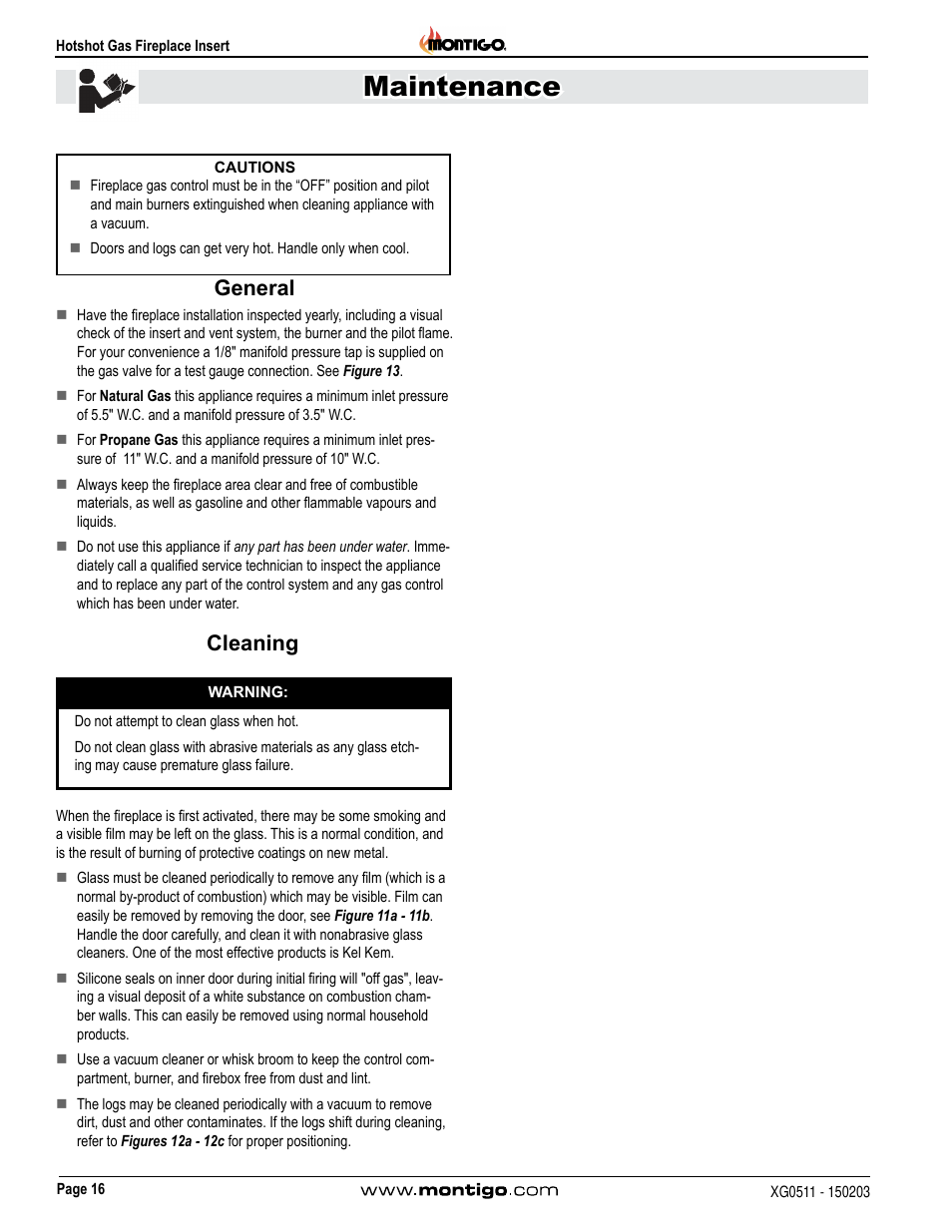 Maintenance, General, Cleaning | Montigo DHS User Manual | Page 16 / 22