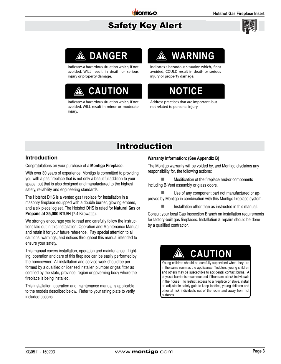 Caution, Danger warning caution notice, Installation safety key alert introduction | Montigo DHS User Manual | Page 3 / 22