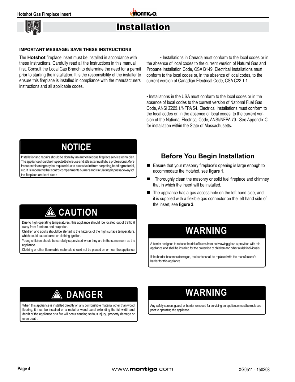 Caution, Danger, Notice | Warning, Installation, Before you begin installation | Montigo DHS User Manual | Page 4 / 22