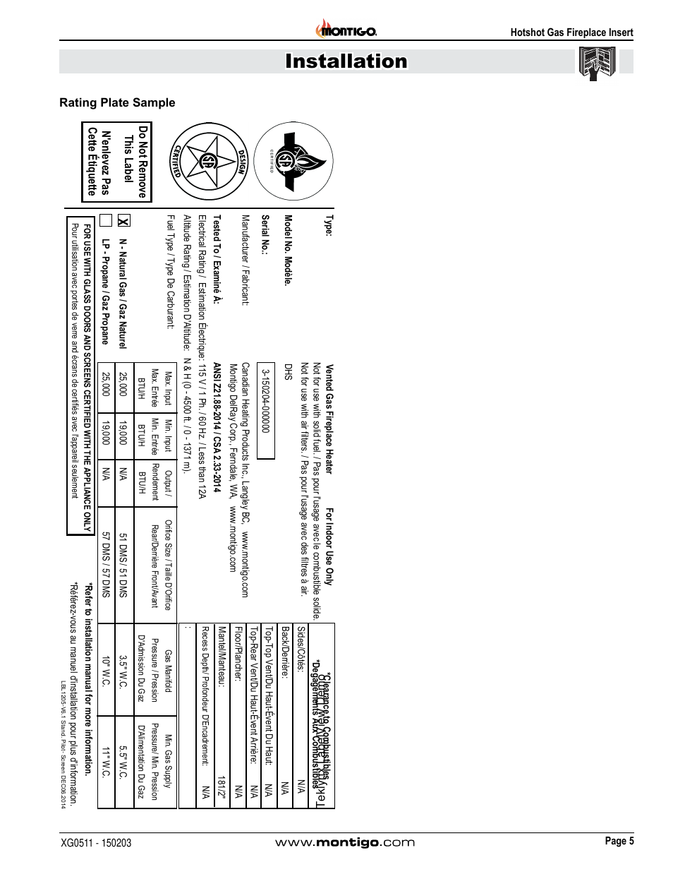 Installation, Rating plate sample | Montigo DHS User Manual | Page 5 / 22