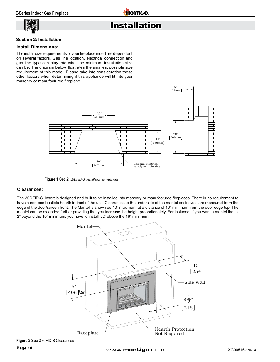 Section 2: installation, Install dimensions, Clearances | Installation | Montigo 30FID Traditional User Manual | Page 10 / 70