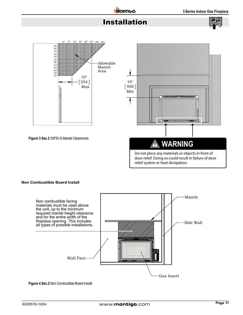 Non combustible board install, Warning, Installation | Montigo 30FID Traditional User Manual | Page 11 / 70