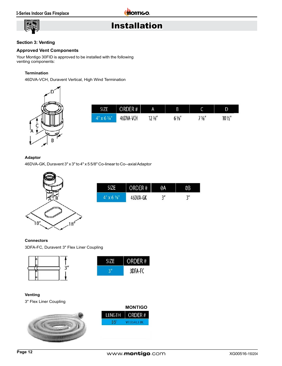 Section 3: venting, Approved vent components, Installation | Montigo 30FID Traditional User Manual | Page 12 / 70