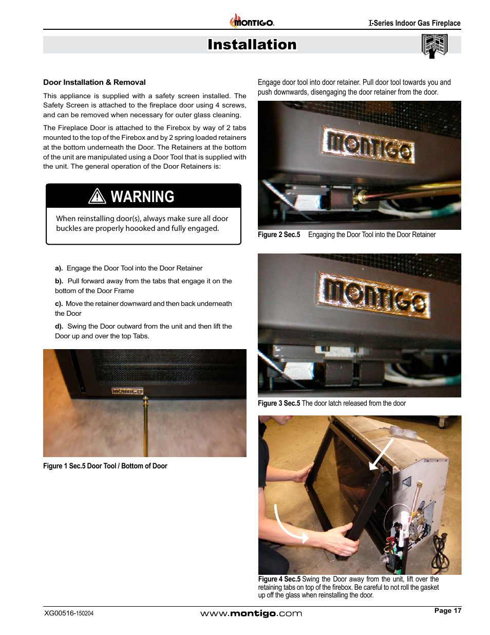 Door installation & removal, Warning, Installation | Montigo 30FID Traditional User Manual | Page 17 / 70