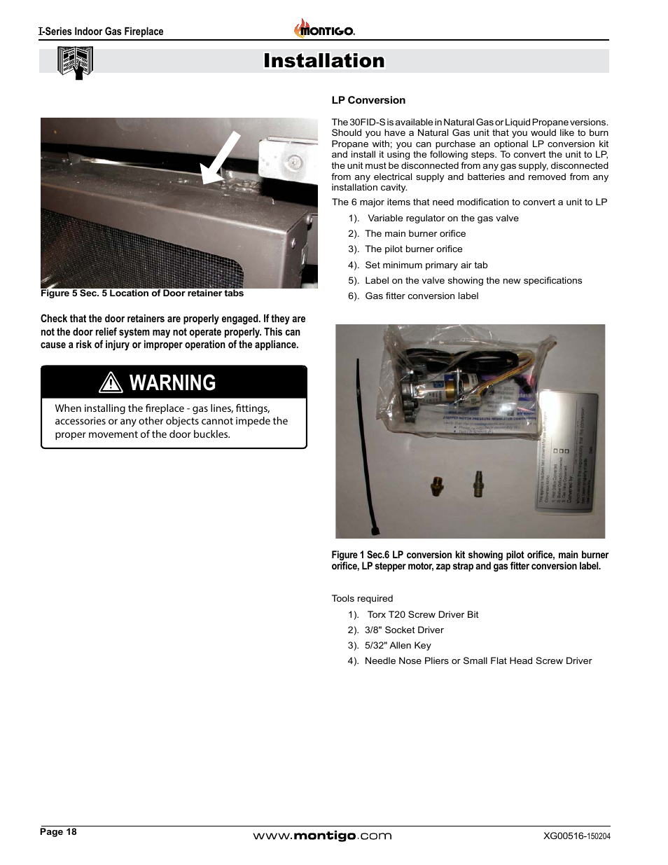 Lp conversion, Warning, Installation | Montigo 30FID Traditional User Manual | Page 18 / 70