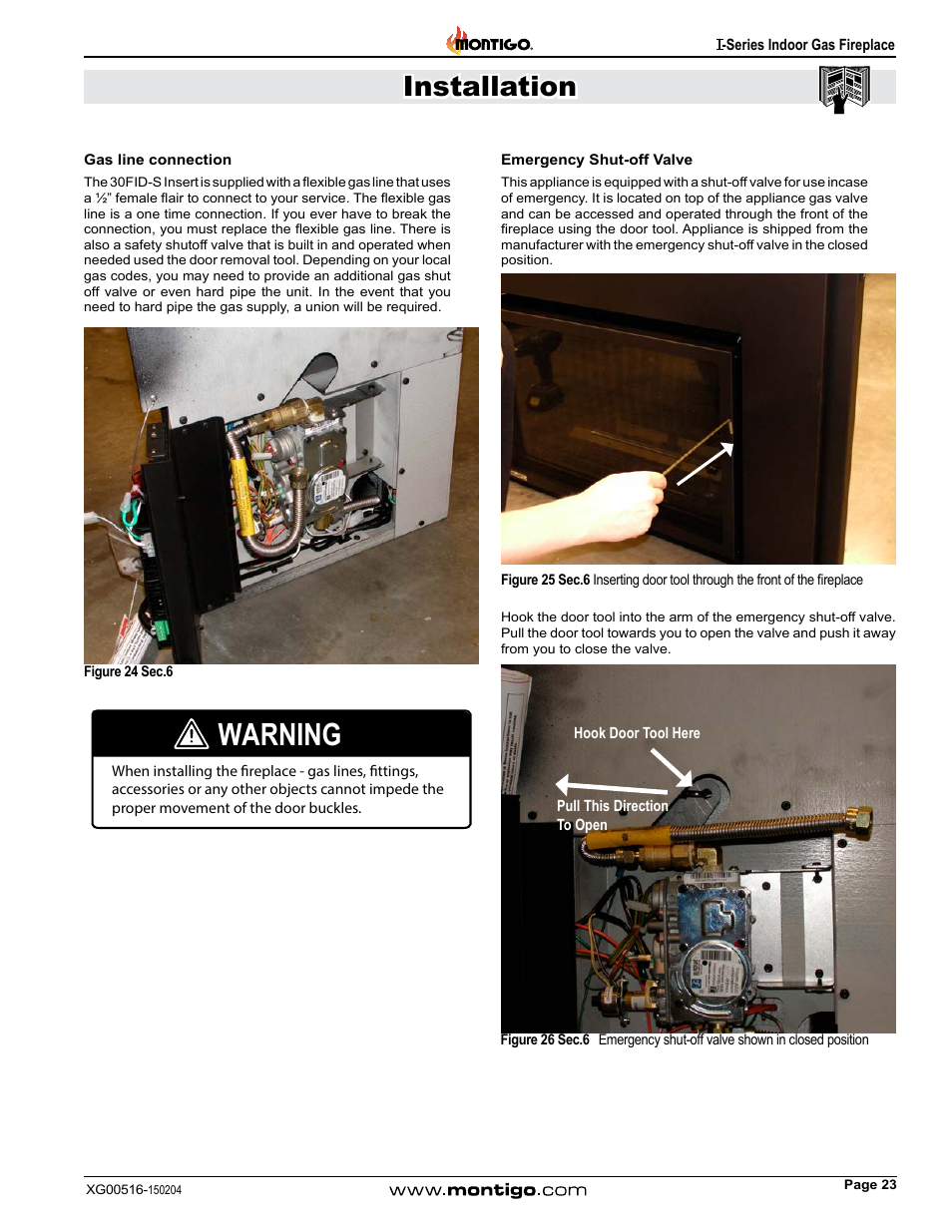 Gas line connection, Warning, Installation | Montigo 30FID Traditional User Manual | Page 23 / 70