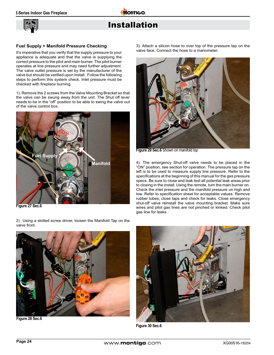 Fuel supply + manifold pressure checking, Installation | Montigo 30FID Traditional User Manual | Page 24 / 70