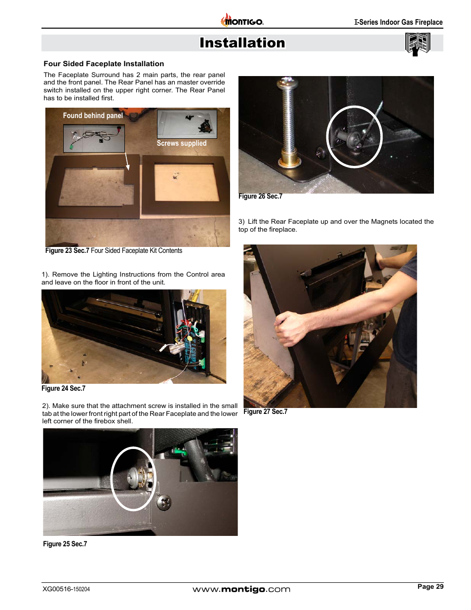 Four sided faceplate installation, Installation | Montigo 30FID Traditional User Manual | Page 29 / 70