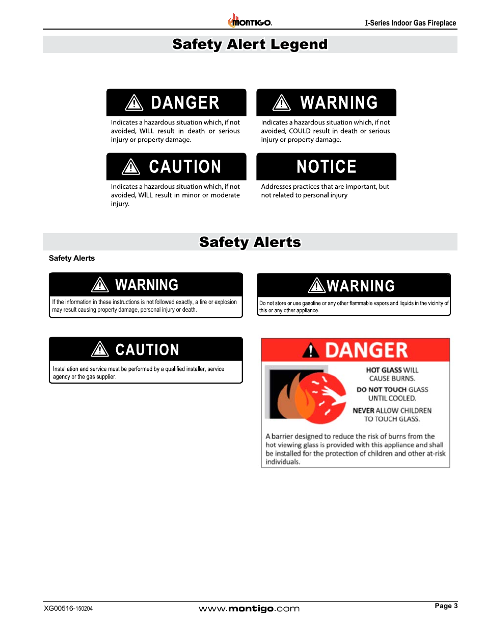 Safety alerts, Warning, Safety alert legend safety alerts | Montigo 30FID Traditional User Manual | Page 3 / 70