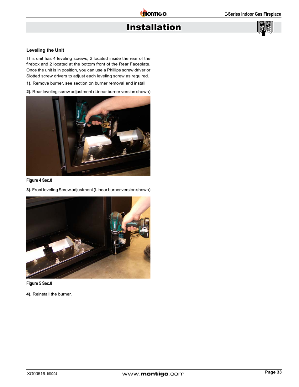 Leveling the unit, Installation | Montigo 30FID Traditional User Manual | Page 33 / 70